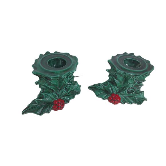 Vintage Ceramic Ivy Berry Christmas Candle Holders Set of 2 READ - Picture 8 of 8